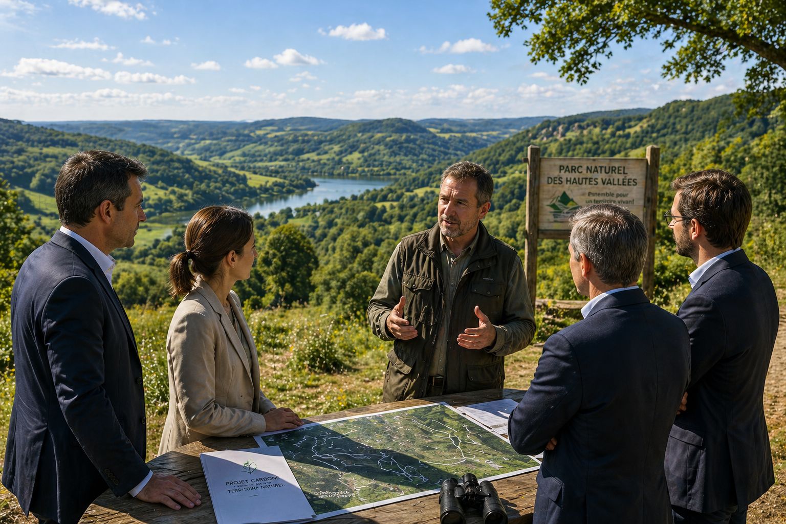 Représentants d'entreprise et gestionnaire d'un parc naturel autour d'un projet carbone