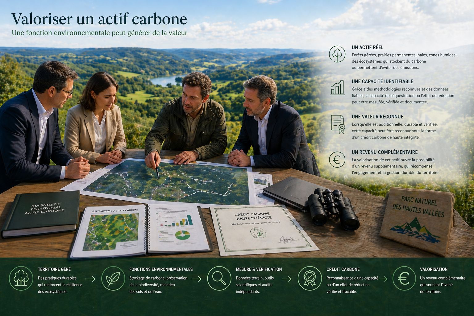 Documents, carte et certificat représentant la valorisation d'un actif environnemental audité