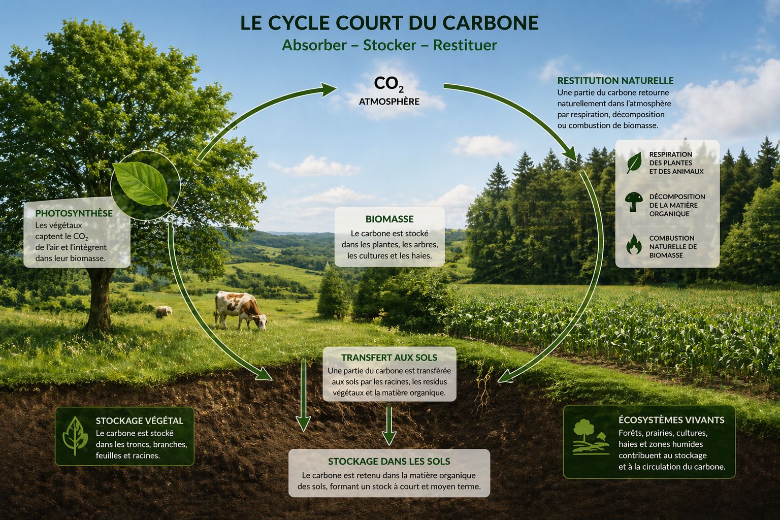 Cycle court du carbone entre atmosphère, végétaux et sols