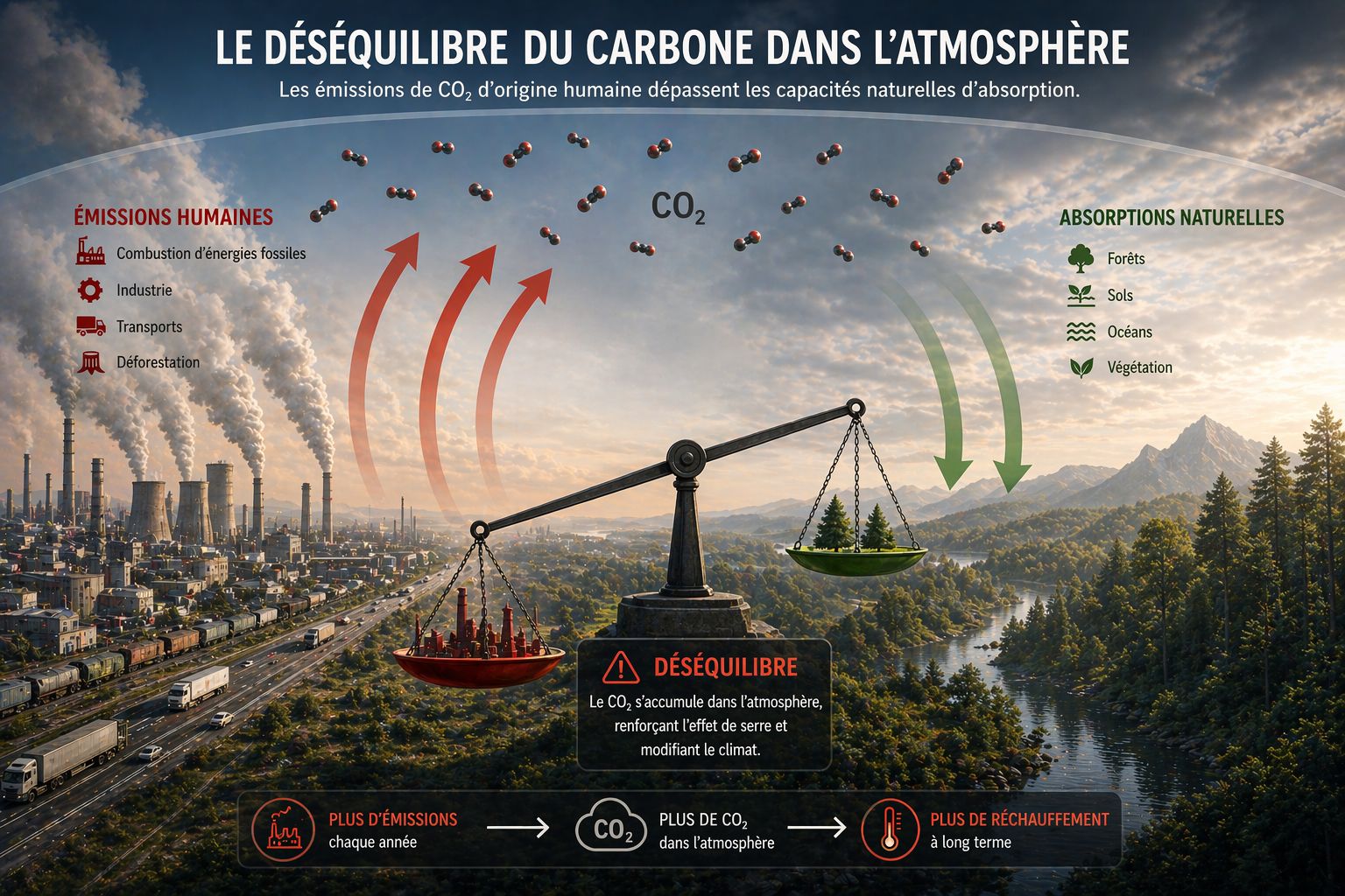 Visuel du déséquilibre carbone entre émissions humaines et absorptions naturelles