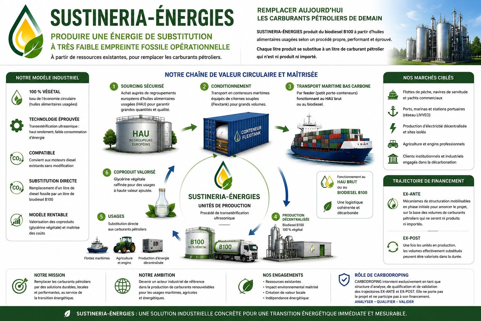 Chaîne SUSTINERIA : huiles alimentaires usagées, production de biodiesel et distribution professionnelle
